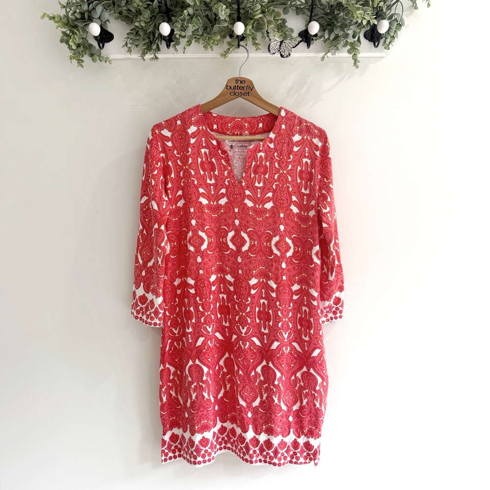 Coolibar Red Paisley UPF 50+ Elbow Sleeve Shift Dress beach outdoor FF6033